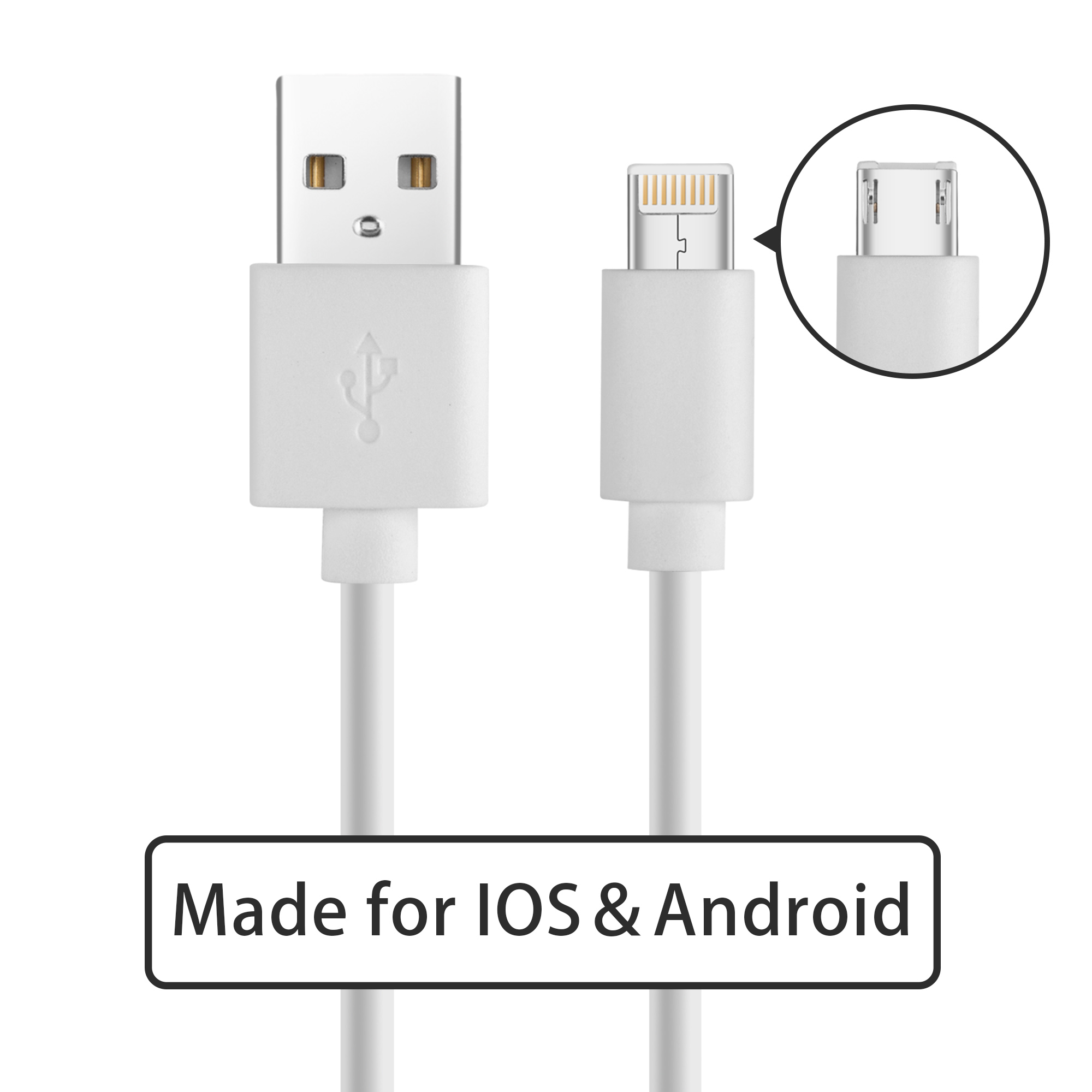 2 in 1 USB A adat,- és töltőkábel MicroUSB + Lightning kábel 1m Fehér