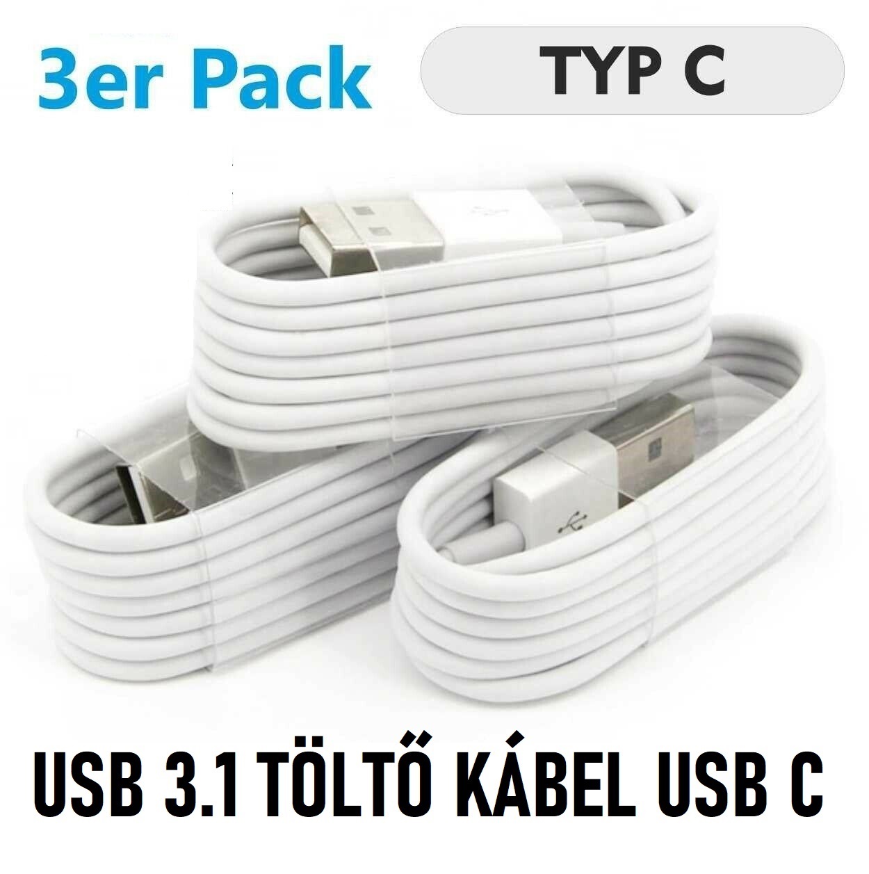 USB Type-C adat,- és töltőkábel 1m Fehér (3 darab)