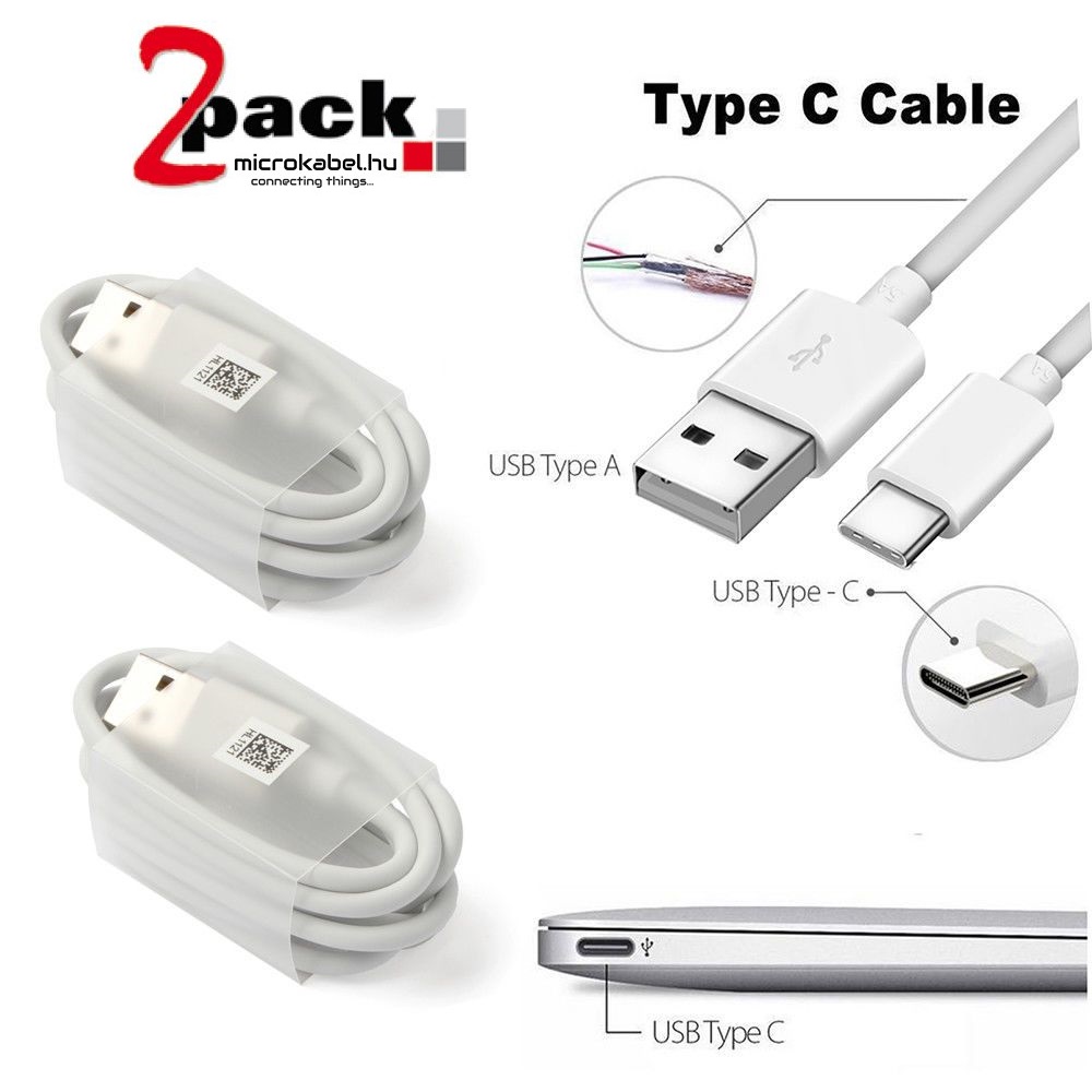 USB Type-C adat,- és töltőkábel 1m Fehér (2 darab)